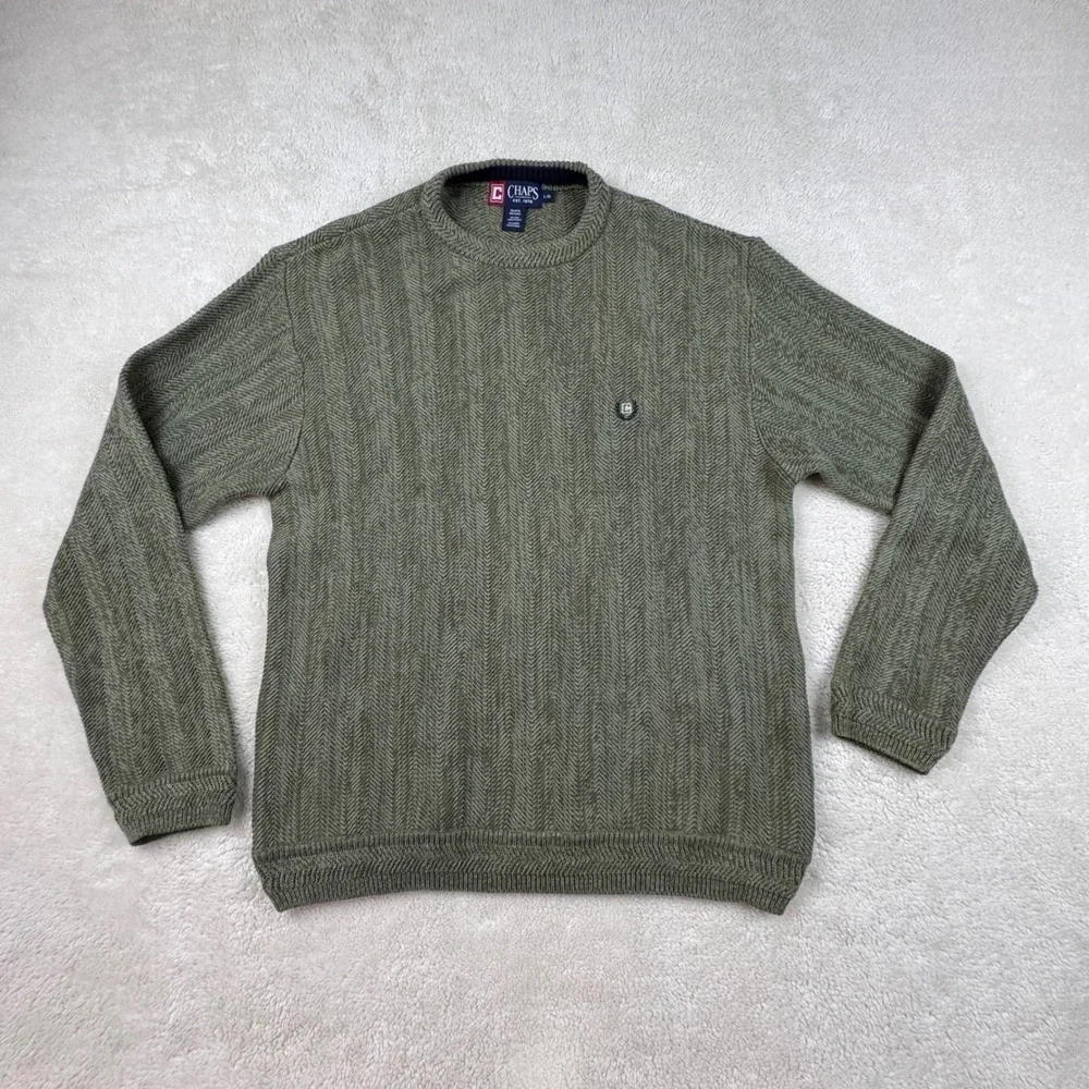 Vintage Chaps Men's L Olive Green Cotton Crew Neck Herringbone Knit Sweater 90's